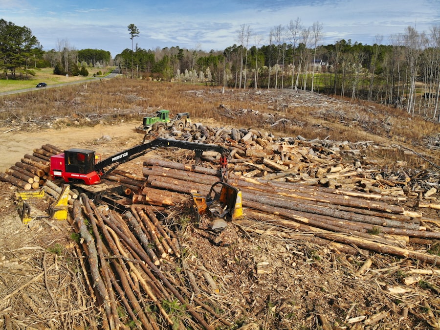 Heavy tracked equipment working across freshly turned brown soil on a cleared tract.